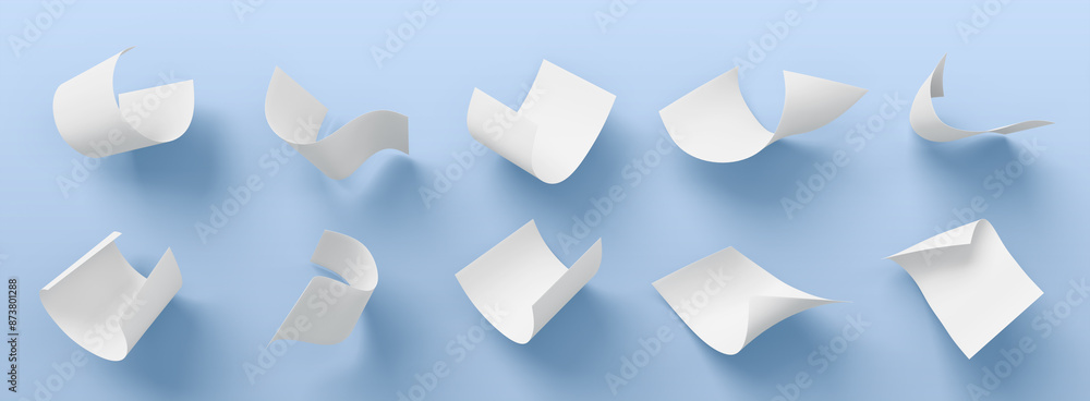 Poster 3d set of white paper sheet or bill falling down isolated render icons. realistic blank curve page f