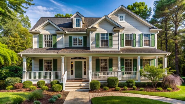 Serenene suburban dwelling with well-manicured lawn and vibrant flowers, surrounded by tranquil trees on a sunny afternoon backdrop.