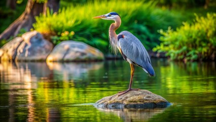 Naklejka premium Serenely majestic great blue heron stands alone on a weathered rock amidst calm rippling waters and lush green surroundings.