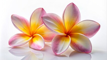 Delicate pink and yellow petals of two identical frangipani flowers rest gently against a crisp white background.