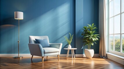 Fototapeta premium Serenity exudes from this minimalist space featuring a calming blue wall complemented by a sleek white armchair.
