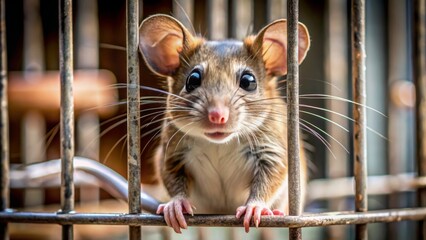 Obraz premium Adorable little mouse with excessively long tail trapped in metal cage, expressing distress and worry, in dire need of rescue.