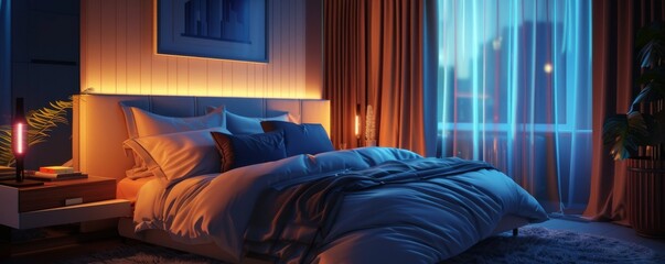 Modern Smart Bedroom with Automated Curtains, Voice-Activated Assistant, and Smart Lights for Ultimate Comfort and Convenience