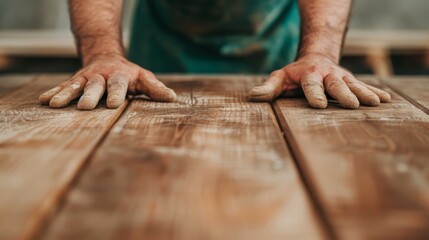 Close-up of hands polishing a wooden surface, showing the transformation from rough to smooth, highlighting texture and finishing techniques