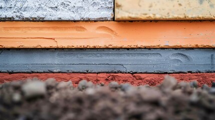Close-up of masonry work with various layers and materials, highlighting the intricate structure and application techniques in construction, professional setting
