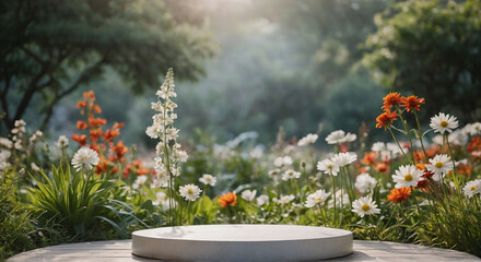 Fototapeta premium garden scene with a white circular platform, surrounded by flowers in lush green grass. blurred background creates a dreamy, tranquil atmosphere. Ideal for nature, beauty, or wellness products.