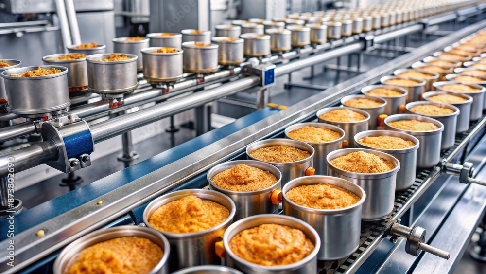Poster automated machinery efficiently fills rows of cylindrical metal containers with protein-rich fish pa