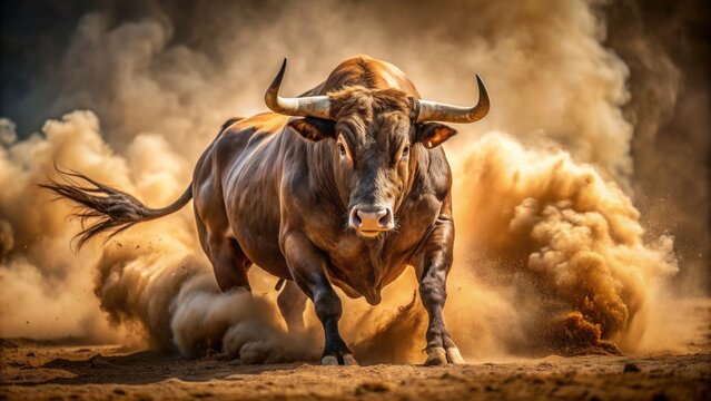 Majestic bull charges forward energetically, kicking up massive cloud of dusty debris, showcasing raw power and unstoppable momentum in action.