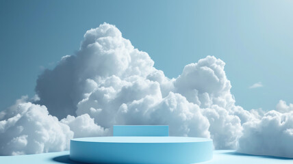 Minimalist Cloud Scene 3D Blue Render with Podium and Clouds for Product Display