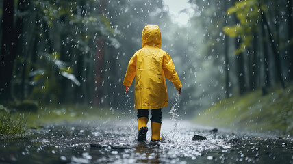 Boy in yellow raincoat, Child having fun on rainy