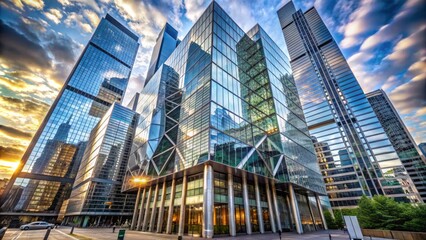 Naklejka premium Modern skyscraper with sleek glass fa?ade and geometric architecture standing proudly amidst lush greenery in urban cityscape background.