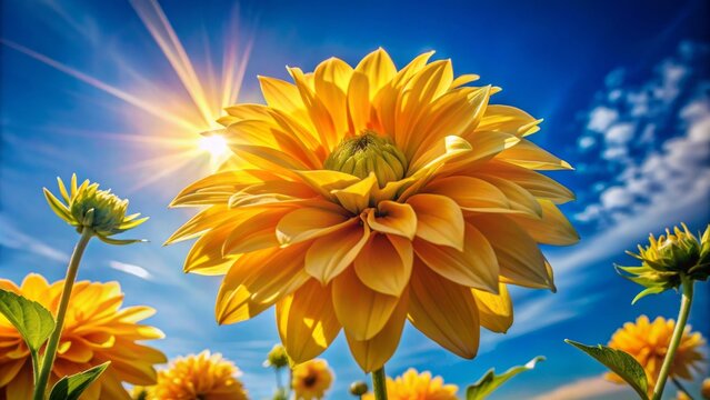 Vibrant yellow petals unfolding from a statuesque stem, basking in warm golden light, radiating natural elegance against a soft blue sky.