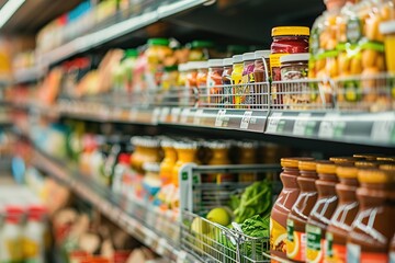 Fototapeta premium Grocery cart with selective focus on healthy foods