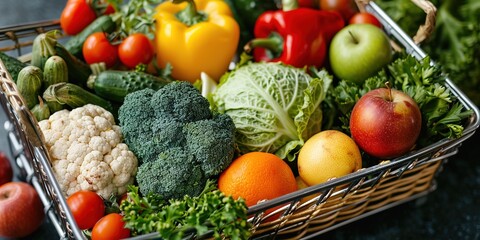 Fresh variety of fruits and vegetables in basket on dark surface