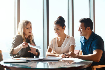 Help, couple and financial advisor with paperwork for consulting, insurance plan or investment in...
