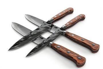Set of knives isolated on a white background 3d rendering, A collection of camping knives with the text "the best knives for camping" engraved on them, Ai generated