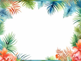 Fototapeta premium watercolor summer frame or boder with palm trees and seashells, tropical paradise, Frame. Background with seashells and crab. Isolated elements for easy use.