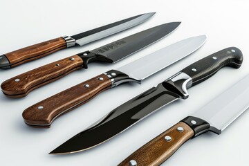 Set of knives isolated on a white background 3d rendering, A collection of camping knives with the text "the best knives for camping" engraved on them, Ai generated