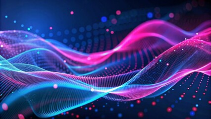 Fototapeta premium An abstract digital artwork with flowing, wavy lines in pink and blue hues, set against a dark background