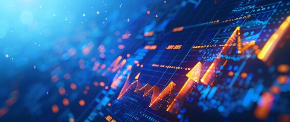 Obraz premium Conceptual financial stock trading chart with prominent golden arrow symbolizing growth and success.
