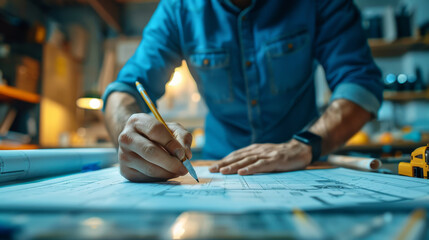 engineer working on blueprint at office desk