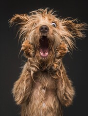 A very surprised and shocked dog with its mouth open and paws touching its head. Funny inspired animal