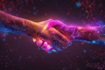 Handshake in digital futuristic style. The concept of partnership