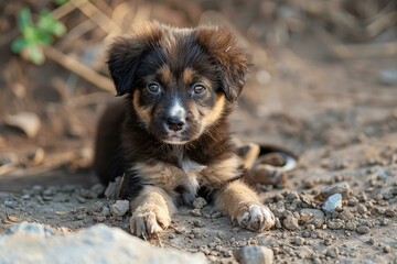 Adorable fluffy brown and black puppy lying on the ground with a heartwarming gaze