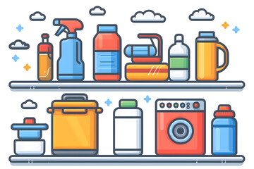 Household cleaning supplies. Icon set collection.