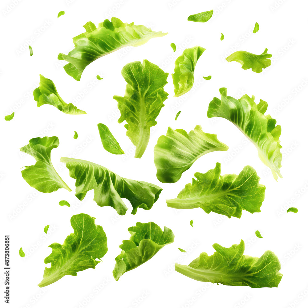 Wall mural Falling fresh green lettuce salad leaves isolated on transparent white background, clipping path