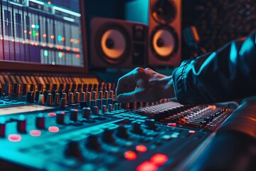 A hand adjusts the knobs on a soundboard in a recording studio