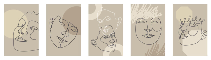 Card or poster set with one single line drawing of female face and abstract geometric shapes. Earthy neutral minimalist portrait. Modern trendy fashion sketch of woman figure