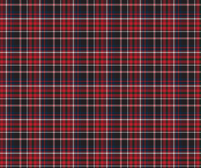 Plaid pattern, black, red, blue, white, seamless for textiles and design clothing, skirts, pants, aprons, tablecloths, blankets or decorative fabrics. Vector illustration.