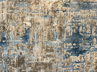 Random customized hand sewn carpet rug floor in shades of blue, light blue, brown, beige, and ivory color. Rug or carpet flooring bespoke seamless texture, unique luxurious random cross pattern.