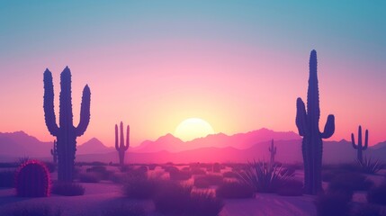 Desert Sunset with Silhouette of Cacti