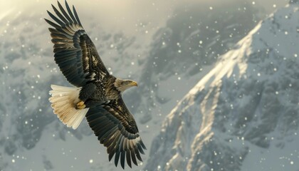 Obraz premium Bald eagle soaring high above a mountain range, animal, majestic and patriotic