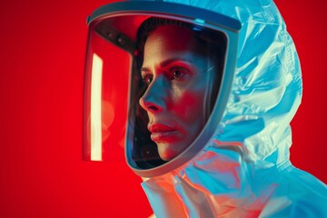 A woman wearing a chemical protective suit is observing intently, indicating caution, research, or scientific investigation.