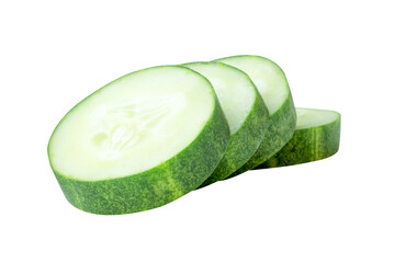 Front view of green cucumber slices or pieces in stack isolated on white background with clipping...