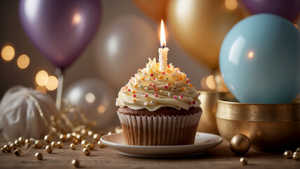 beautifully decorated birthday cupcake with a lit candle, casting a warm glow in a dimly lit room, surrounded by festive decorations and balloons