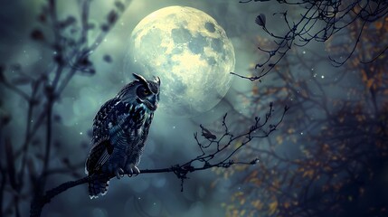 owl with full moon on night hallowen scene