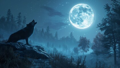 Naklejka premium Wolf howling at the full moon in a dense forest wild