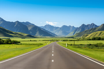 Fototapeta premium Open Road Adventure: An Inviting Asphalt Road to The Horizon Between Mountains and Blue Sky
