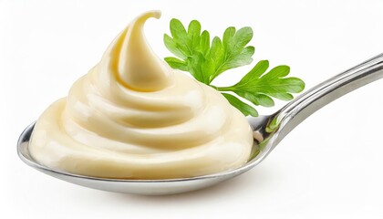 Generated imageSpoon of mayonnaise isolated on white background , generated by AI. High quality photo