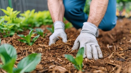 Gardener applying a layer of mulch to a garden bed, distributing evenly, natural textures and vibrant plant life, outdoor work scene, detailed close-up