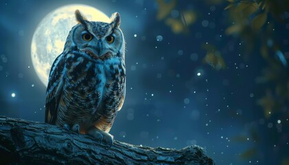 Owl perched on a tree branch during a moonlit night, animal, mysterious and enchanting