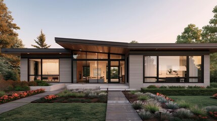 Modern residence with sleek architecture, large windows, and a beautifully landscaped yard, blending contemporary design with a welcoming feel