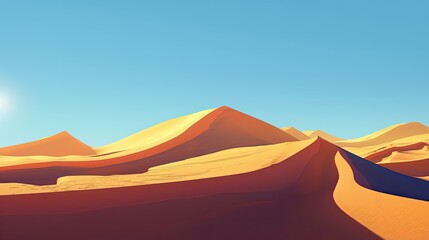 A vast desert background with rolling sand dunes, a clear blue sky, and the sun.