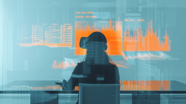 A dramatic office space where holographic projections of stock markets and futuristic graphs float above a sleek minimalist desk with a businesswoman in a virtual reality headset making strategic deci