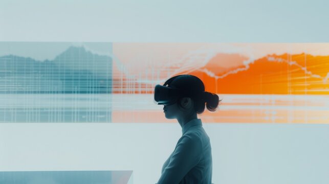 A dramatic office space where holographic projections of stock markets and futuristic graphs float above a sleek minimalist desk with a businesswoman in a virtual reality headset making strategic deci