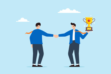 Employer shaking hands with candidate holding trophy concept hiring best rewarding top talent celebrating successful recruitment